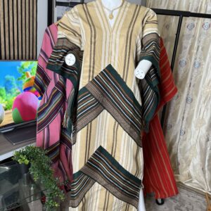 cream ofi aso oke gown with fringe sleeves and scarf – fitted traditional elegance with vintage green accents